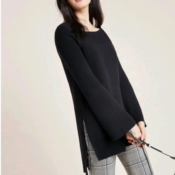 Anthropologie Black Crew Neck Sweater with Side Slits - Picture 1 of 7